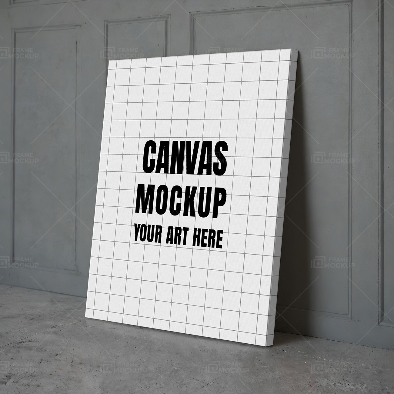 Blank canvas mockup with a grid pattern leaning against a textured wall, featuring space for personalized artwork.