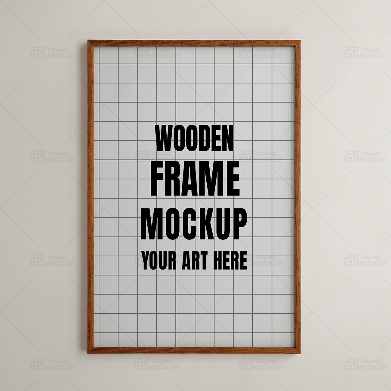 A wooden frame mockup with a blank interior mounted on a light beige wall.