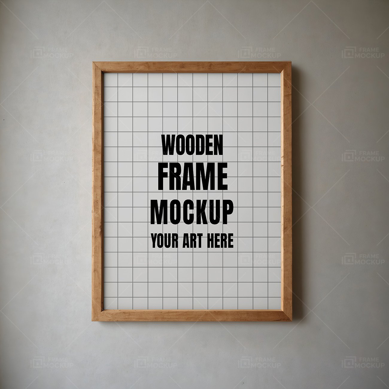 A wooden frame mockup with a blank interior displayed on a smooth gray wall.