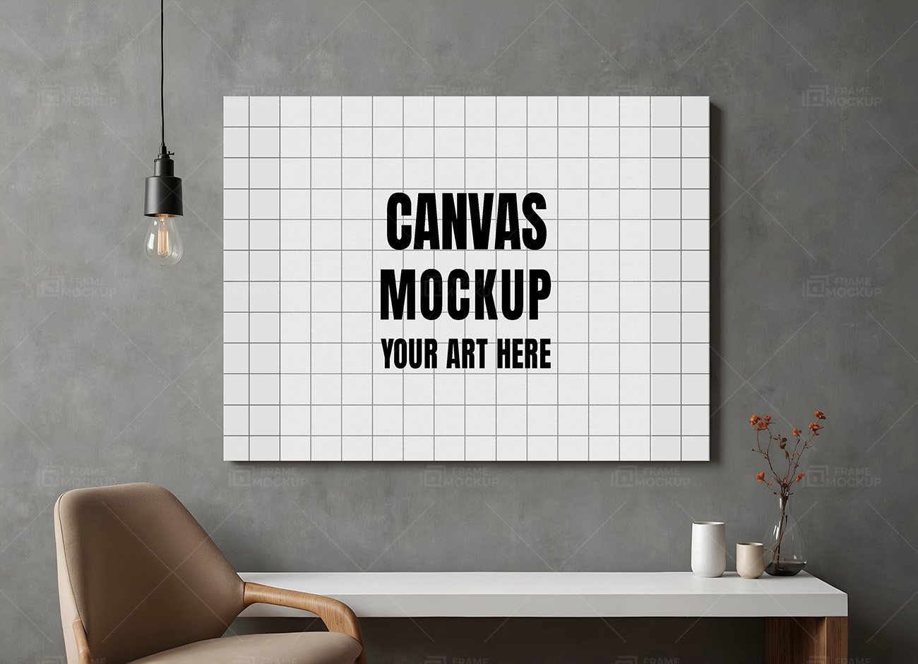 Large blank canvas mockup with a grid design displayed on a dark wall, accompanied by a stylish chair and decorative elements.