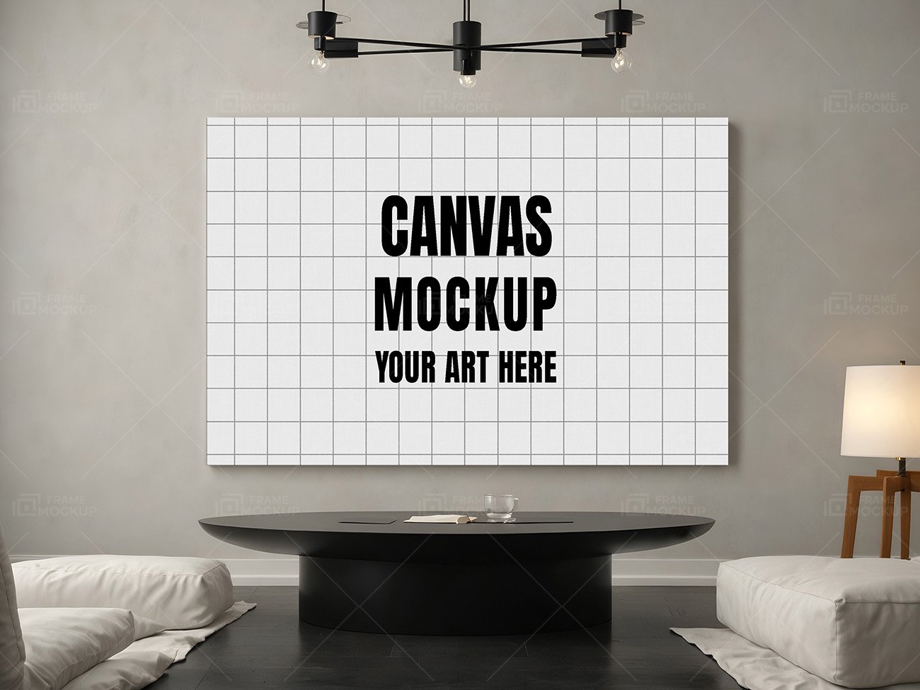 Large blank canvas mockup on a wall in a modern living space, featuring a round coffee table and cozy seating.