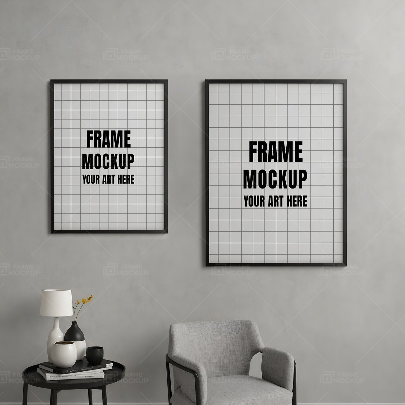 Frame mockup PSD featuring two black-framed artworks with grid backgrounds on a gray wall, accompanied by a modern armchair and a table lamp in a stylish living space.