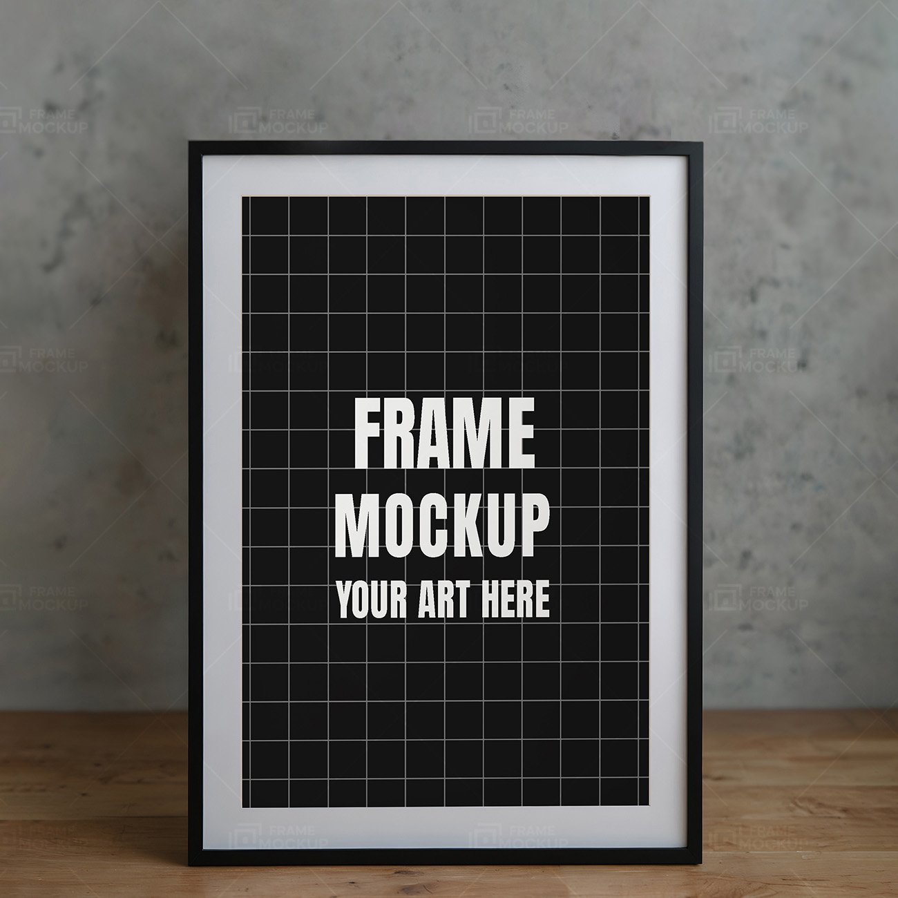 Frame mockup PSD featuring a black and white grid design in a black frame on a wooden surface, accompanied by a textured background.