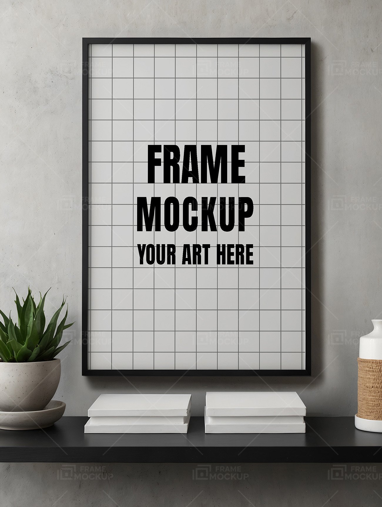 Frame mockup PSD featuring a black-framed artwork on a textured wall, with a shelf displaying stacked white books and a potted plant.