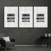 Three blank canvas mockups displayed on a dark wall, ideal for showcasing artwork, accompanied by a cozy armchair and a side table with a plant.