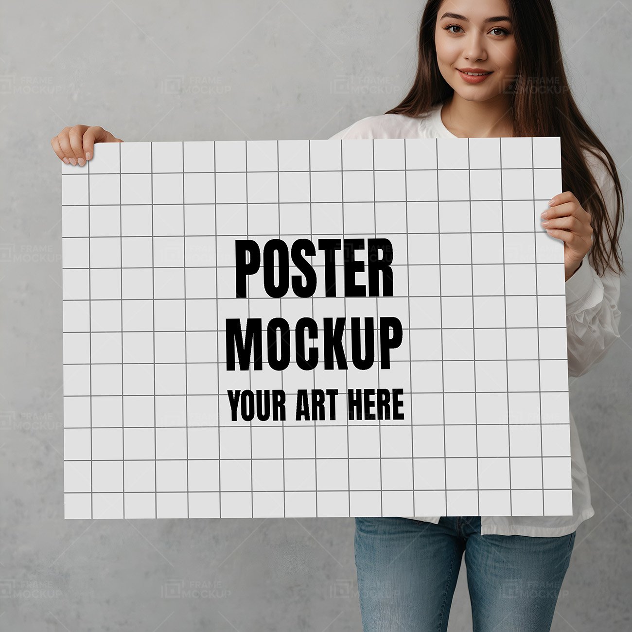 A girl with long hair in a white shirt holding a blank white poster board in front of a gray textured background.