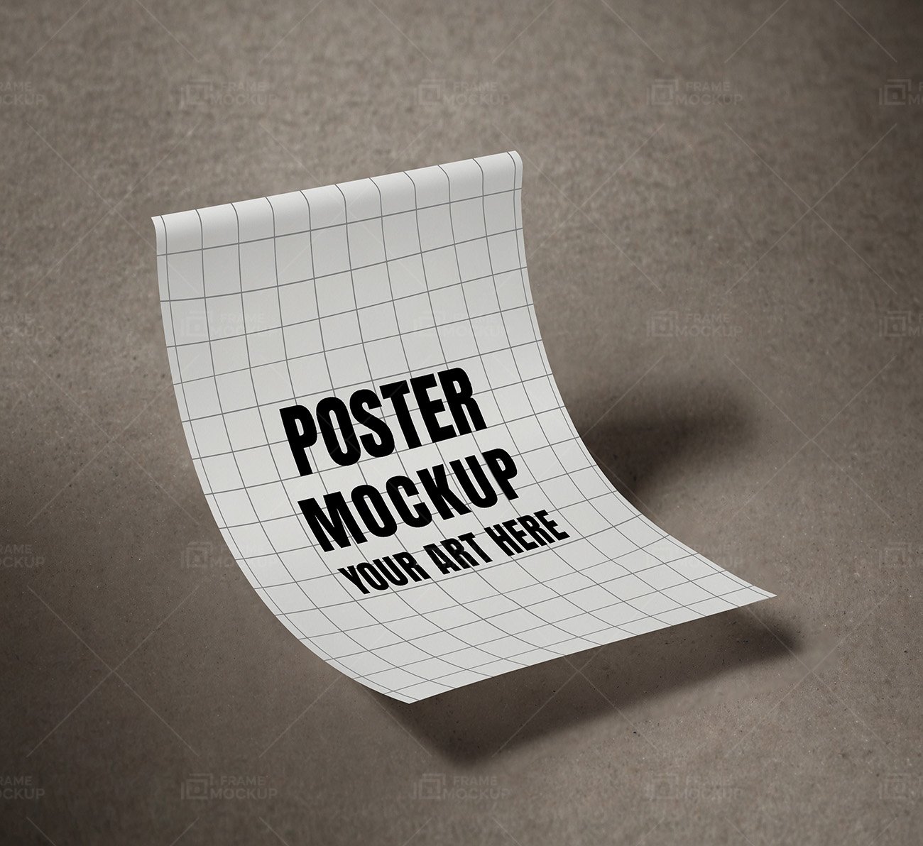 Poster mockup PSD featuring a blank white sheet of paper displayed on a textured gray surface.